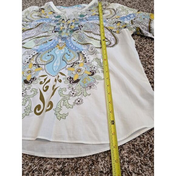 Boho Paisley Print & Knit Flowers Cotton Tunic Top 3/4 Sleeve Size L-M Artsy - Picture 6 of 8